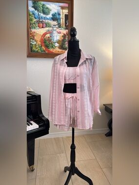 Women’s Pink Lace-Trim Lounge Set - 3-Piece